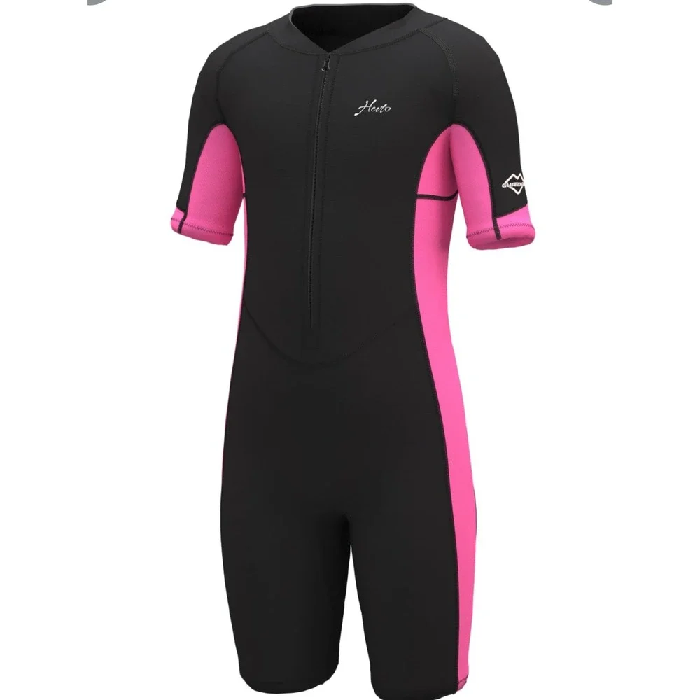 Hevto Wetsuit Shorty Kids 7 Black Pink New 2mm Neoprene Front Zip Surfing Swim